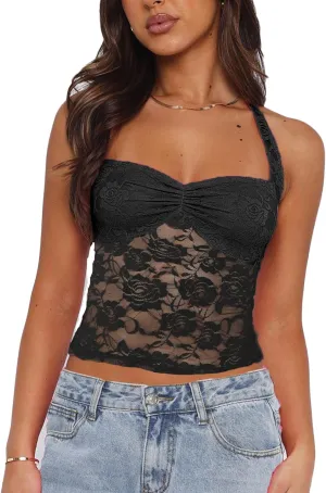 Women's Y2K Lace Halter Tops Sexy See Through Tank Crop Top Going Out Tops Trendy Basic Camisole Tops Streetwear