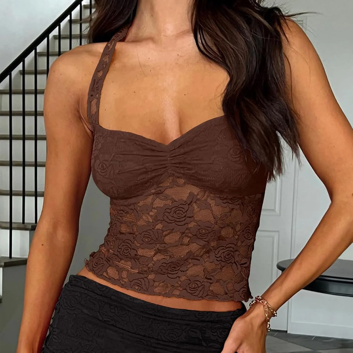 Women's Y2K Lace Halter Tops Sexy See Through Tank Crop Top Going Out Tops Trendy Basic Camisole Tops Streetwear