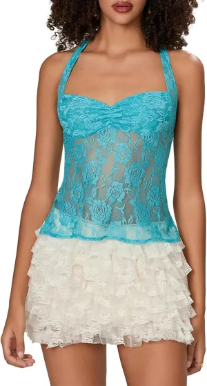 Women's Y2K Lace Halter Tops Sexy See Through Tank Crop Top Going Out Tops Trendy Basic Camisole Tops Streetwear