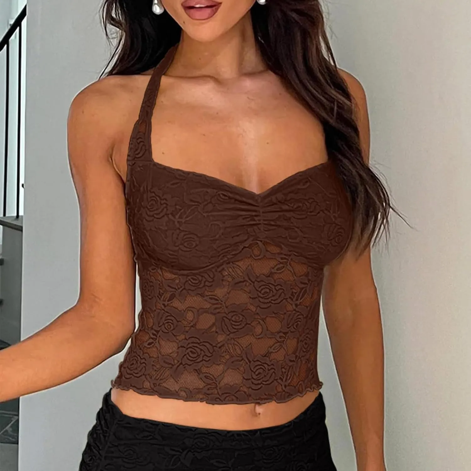 Women's Y2K Lace Halter Tops Sexy See Through Tank Crop Top Going Out Tops Trendy Basic Camisole Tops Streetwear