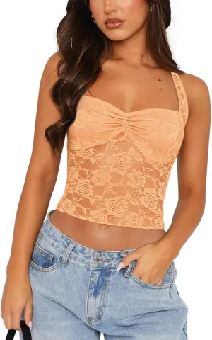 Women's Y2K Lace Halter Tops Sexy See Through Tank Crop Top Going Out Tops Trendy Basic Camisole Tops Streetwear