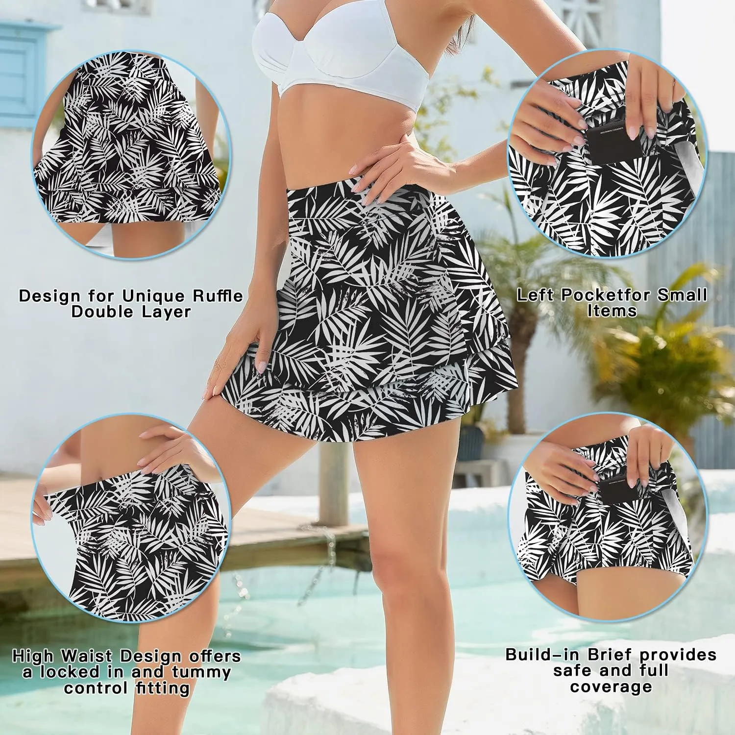 WOWENY Women's Swim Skirts Swimsuit High Waist Swimming Skorts with Shorts Bikini Bottoms with Pocket Bathing Suit Bottoms