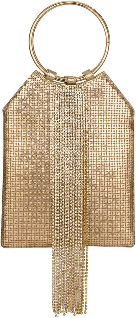 Wrist Handle Cocktail Party Wedding Evening Clutch Crystal Rhinestone Tassels Tote Handbag Metal Mesh Evening Bag