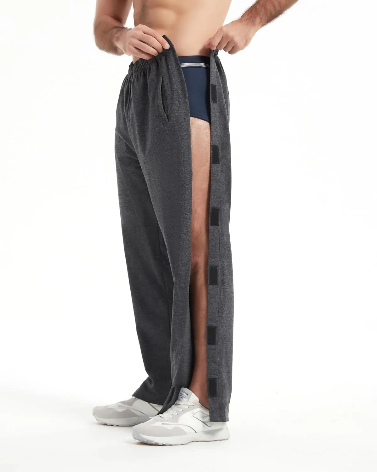WZIKAI Men's Tear Away Pants Casual Side Snap Open Sweatpants Loose Fit Post Surgery Pants with Pockets