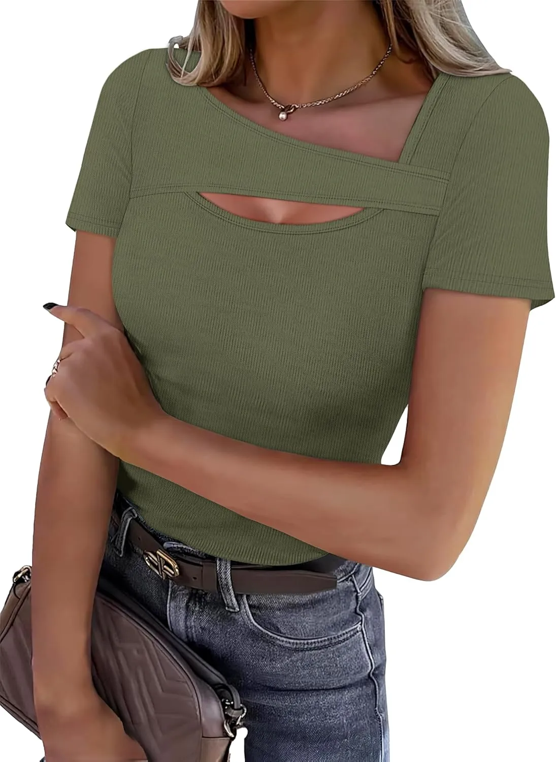 XIEERDUO Womens Summer Tops Short Sleeve Shirts for Women Sexy Tops Y2K Shirts One Piece Cutout Tops