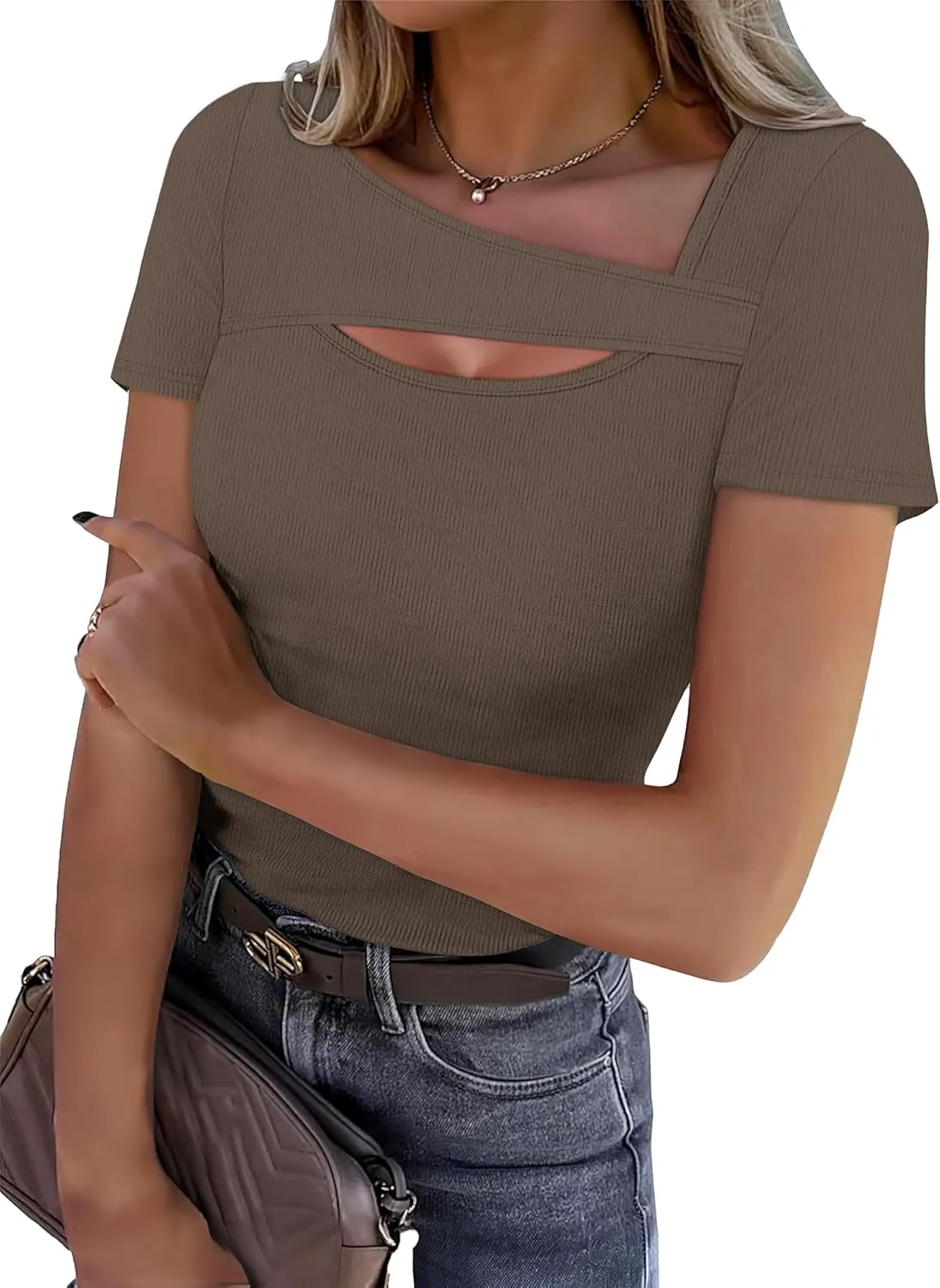 XIEERDUO Womens Summer Tops Short Sleeve Shirts for Women Sexy Tops Y2K Shirts One Piece Cutout Tops