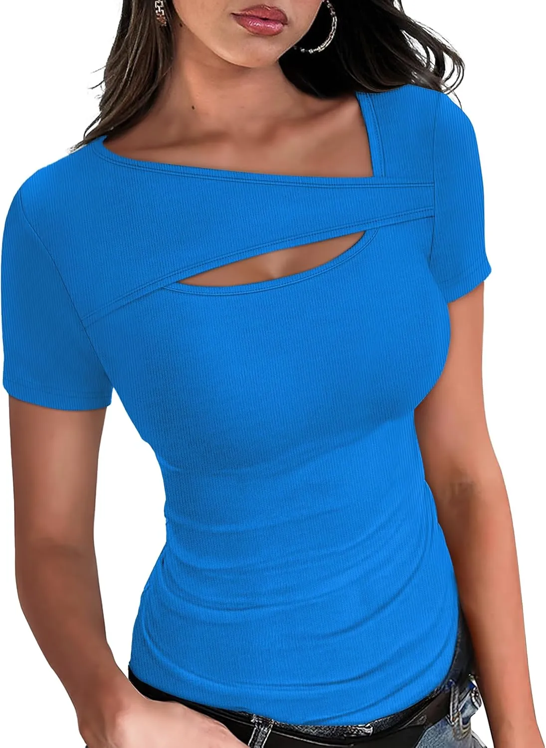 XIEERDUO Womens Summer Tops Short Sleeve Shirts for Women Sexy Tops Y2K Shirts One Piece Cutout Tops
