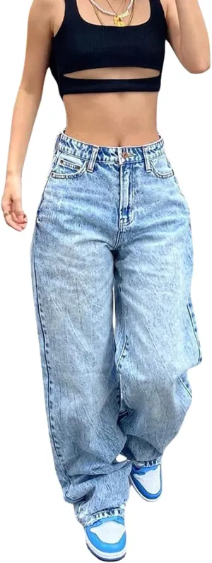 Y2k Boyfriend Cargo Jeans Women Baggy Denim Pants High Waist Wide Leg Casual Loose Grunge Denim Trousers Streetwear