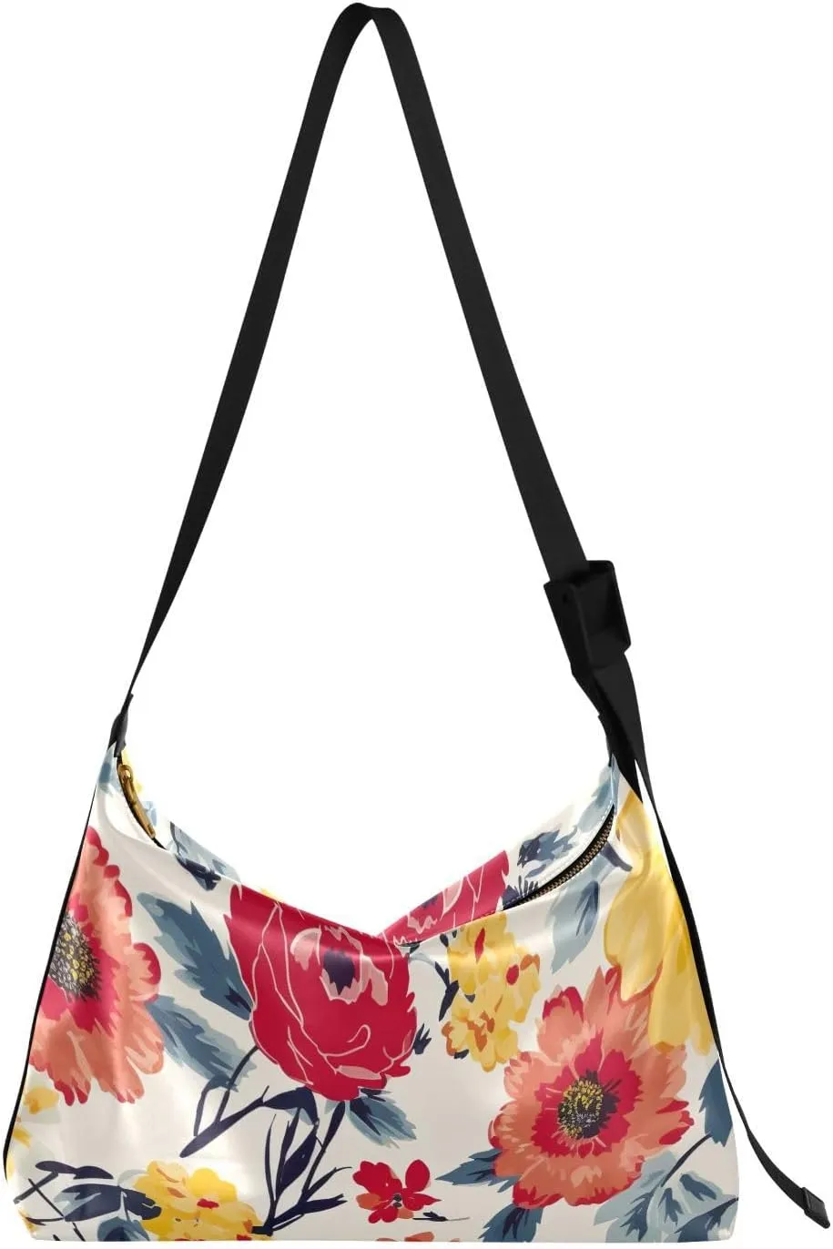 Yellow Red Floral Tote Bag for Women Large Hobo Bags Hobo Crossbody Bags Hobo Purse with Adjustable Strap for Women Girl
