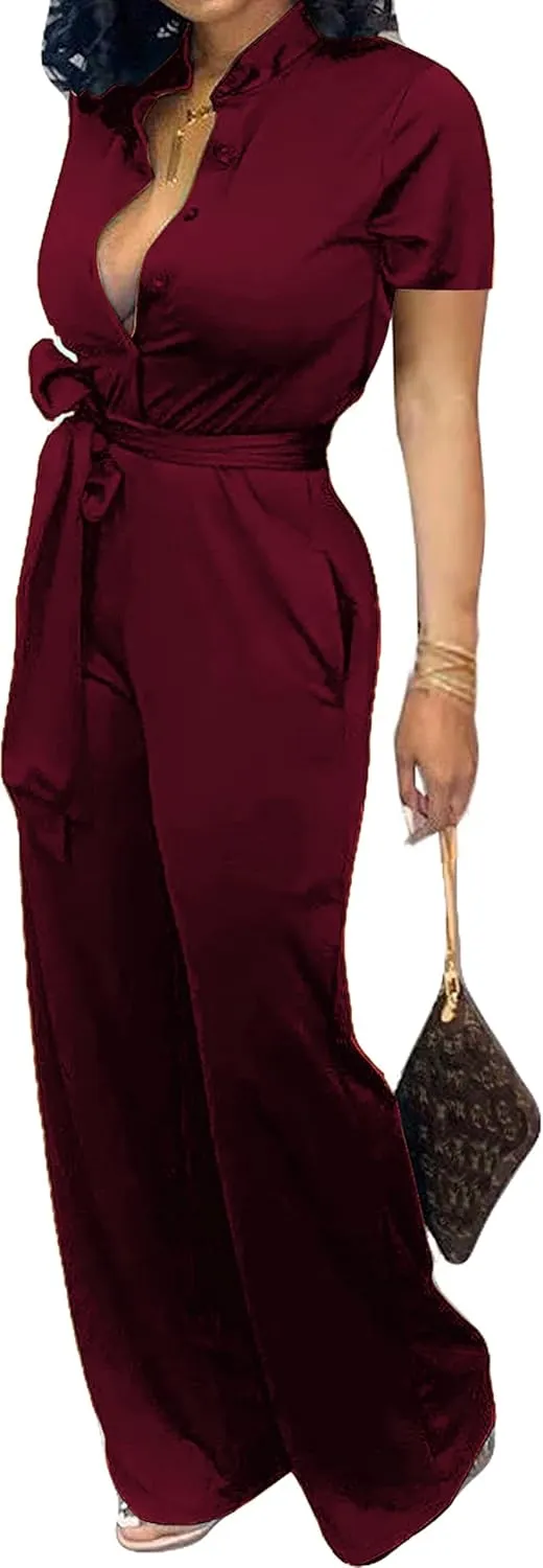 Yiershu Formal Jumpsuit for Women Dressy Elegant Long Straight Pants Jumpsuits for Party Club with Button Down