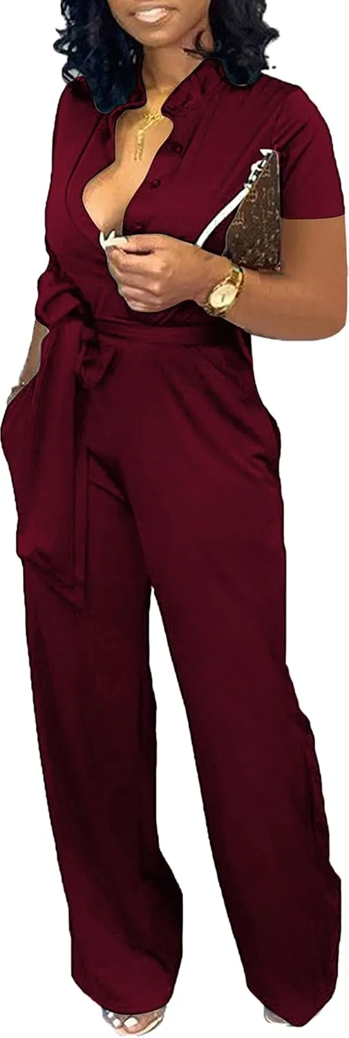 Yiershu Formal Jumpsuit for Women Dressy Elegant Long Straight Pants Jumpsuits for Party Club with Button Down