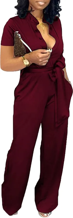 Yiershu Formal Jumpsuit for Women Dressy Elegant Long Straight Pants Jumpsuits for Party Club with Button Down