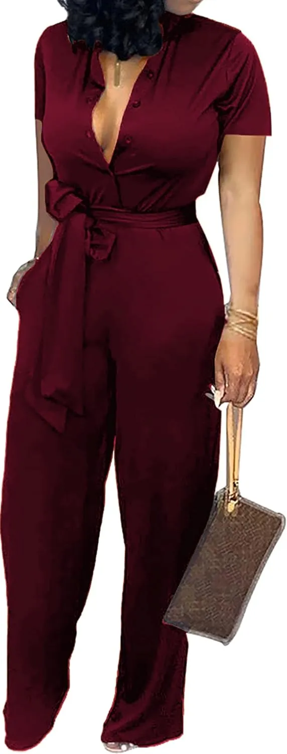 Yiershu Formal Jumpsuit for Women Dressy Elegant Long Straight Pants Jumpsuits for Party Club with Button Down