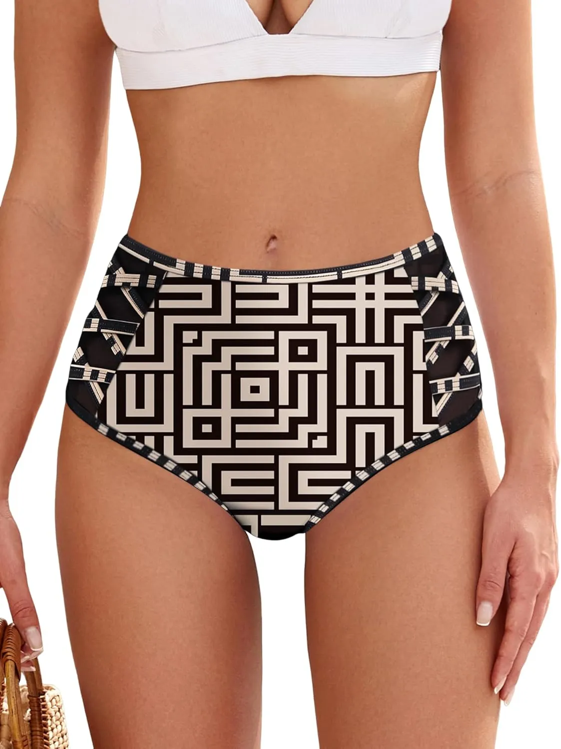 ZAFUL Women High Waist Bikini Bottom Side Mesh Spliced Tankini Swimsuit Swim Briefs Bathing Suit Bottom