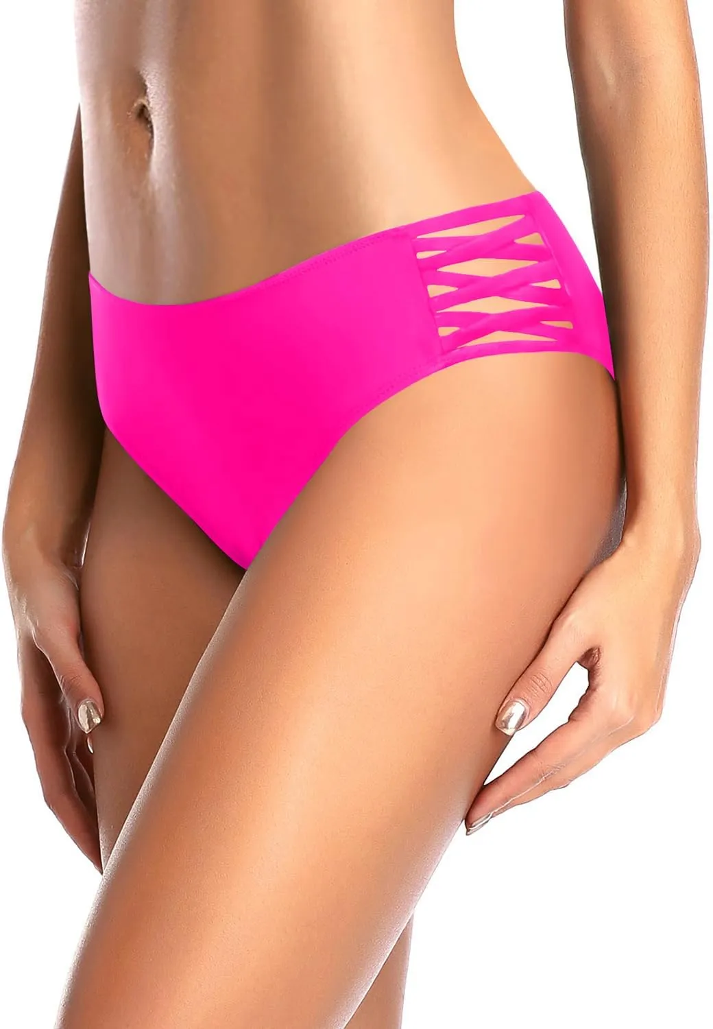 Zmart Strappy Bikini Bottoms - Women's Full Coverage Bathing Suit Mid Waist Swimsuit Bottom