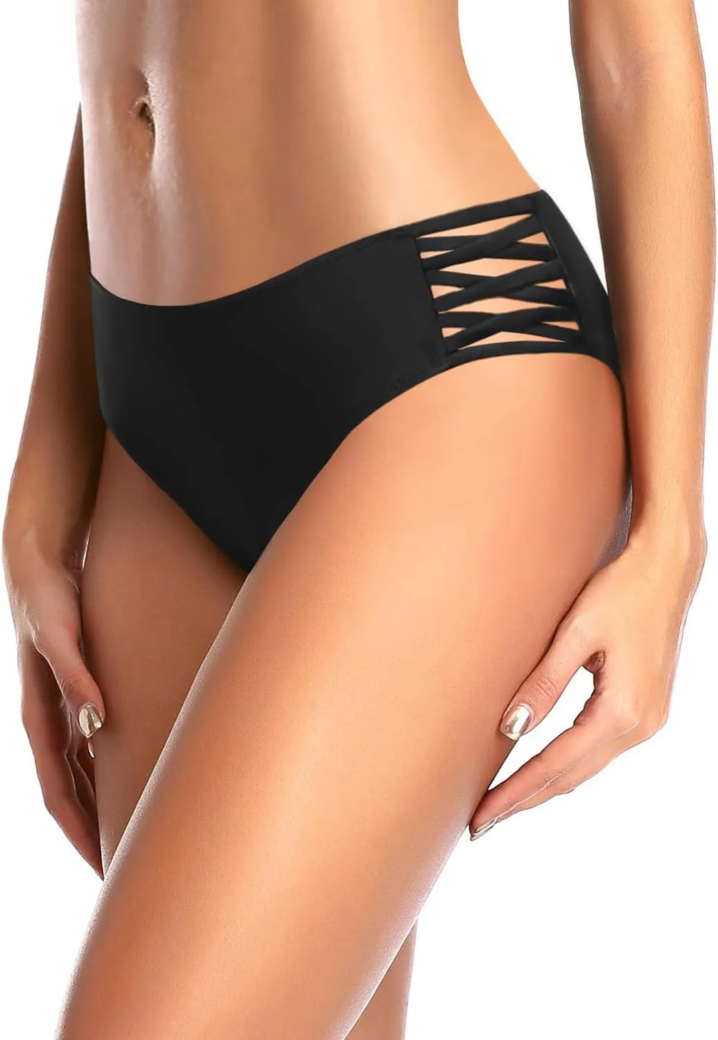 Zmart Strappy Bikini Bottoms - Women's Full Coverage Bathing Suit Mid Waist Swimsuit Bottom