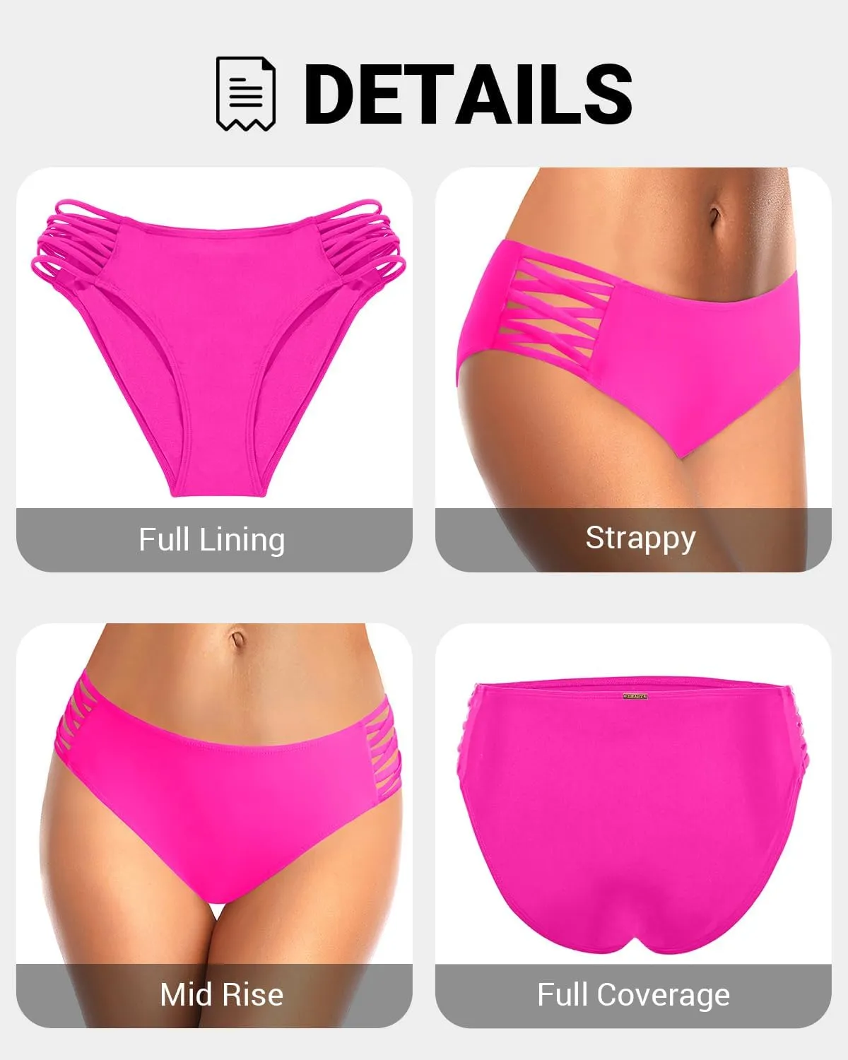 Zmart Strappy Bikini Bottoms - Women's Full Coverage Bathing Suit Mid Waist Swimsuit Bottom
