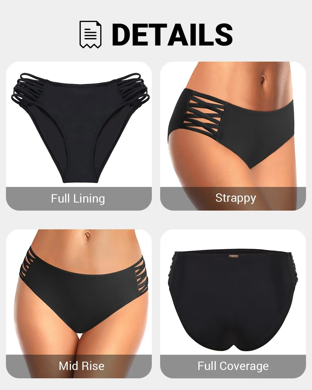 Zmart Strappy Bikini Bottoms - Women's Full Coverage Bathing Suit Mid Waist Swimsuit Bottom