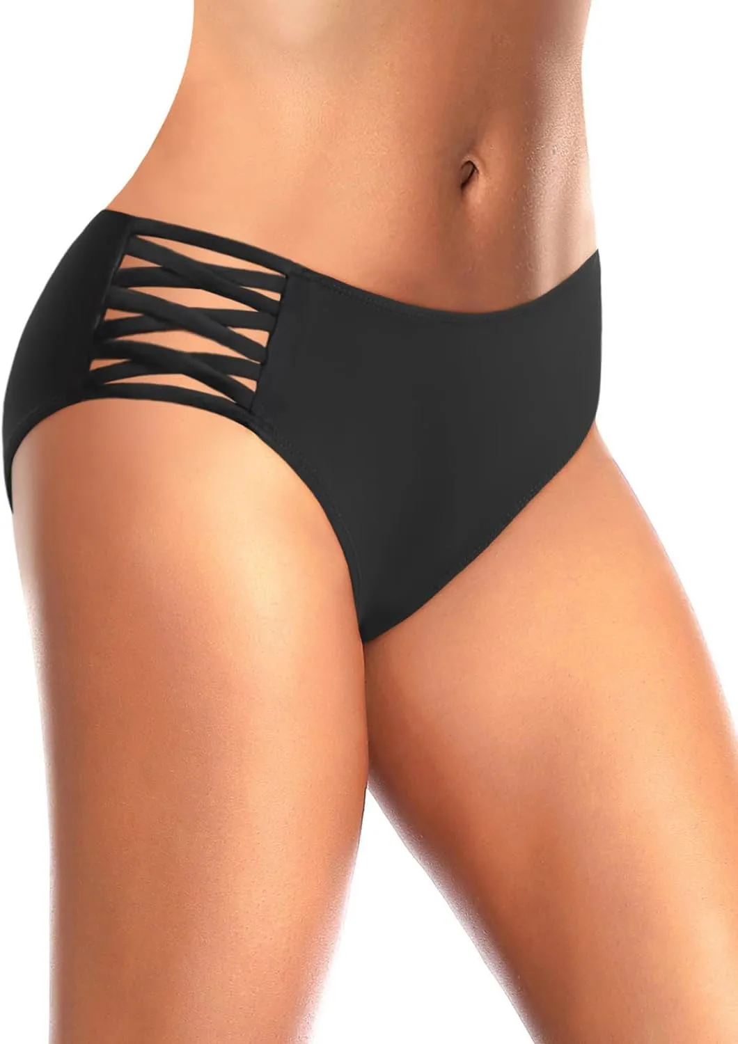 Zmart Strappy Bikini Bottoms - Women's Full Coverage Bathing Suit Mid Waist Swimsuit Bottom